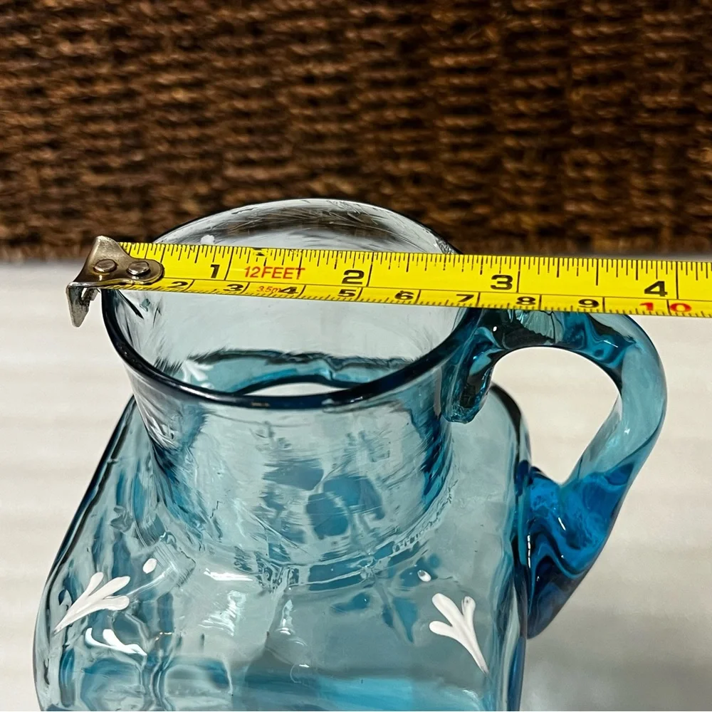 Vintage Victorian Blue Art Glass Enameled Hand-Painted Pitcher